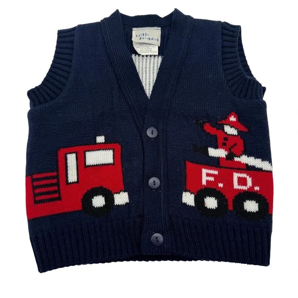 Little Jacques Vintage Fire Truck Knit Sweater Vest Navy Blue 12 Months USA